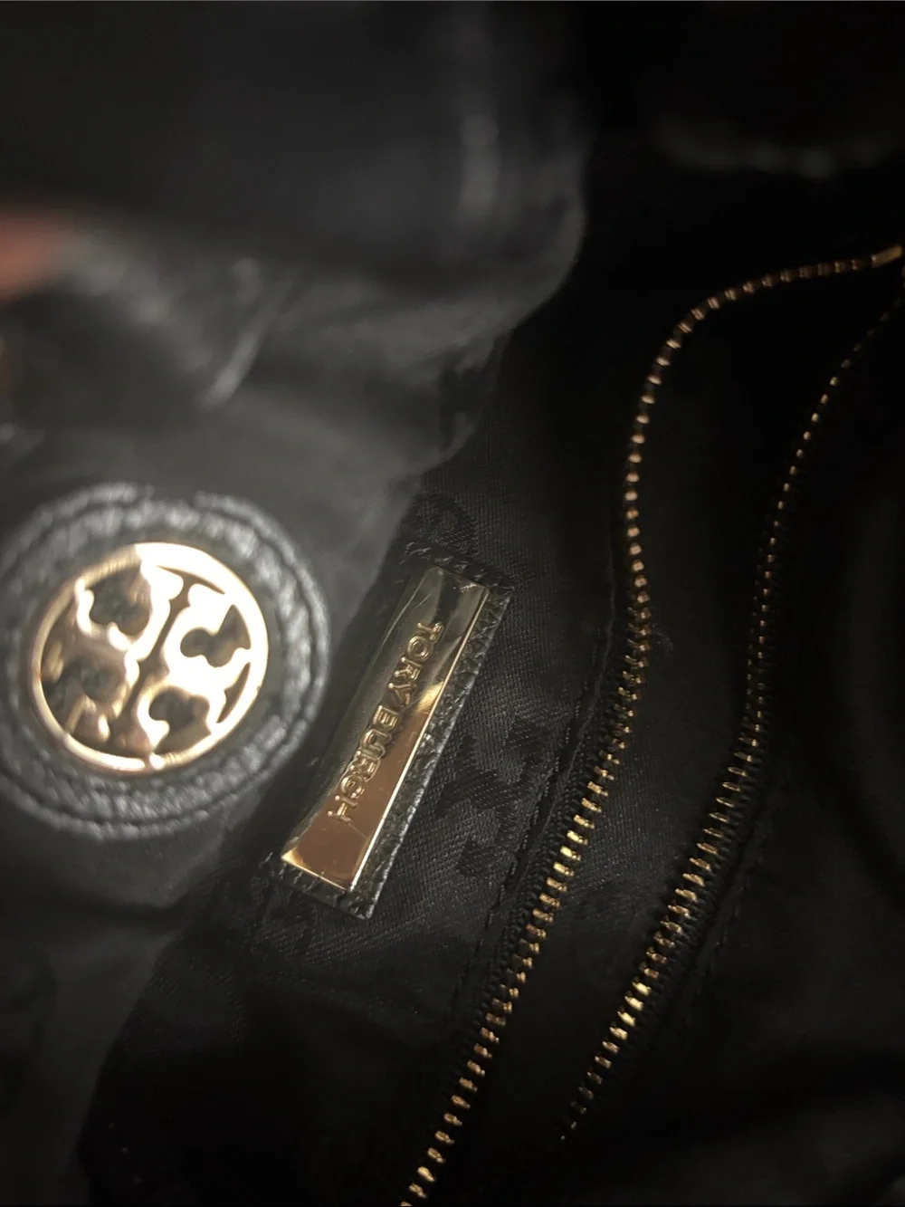 Tory Burch Black Leather Drawstring Shoulder Bag with Gold Logo